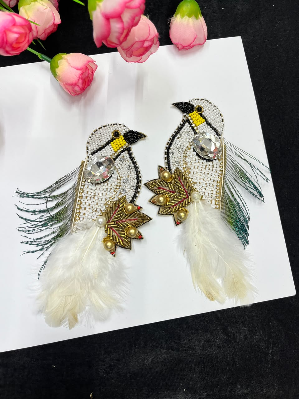 Handcrafted Feather Bird Patches for Sarees, Lehengas, Blouses & Dresses – Designer Bird Applique Set of 2 | DC1045 | White