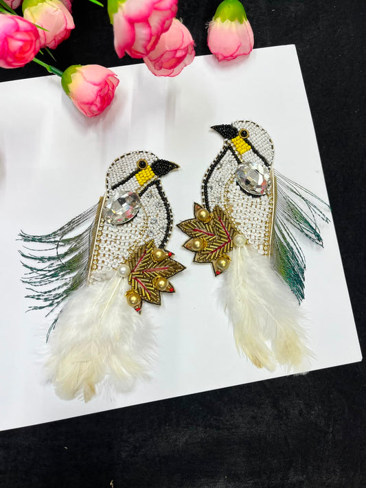 Handcrafted Feather Bird Patches for Sarees, Lehengas, Blouses & Dresses – Designer Bird Applique Set of 2 | DC1045 | White