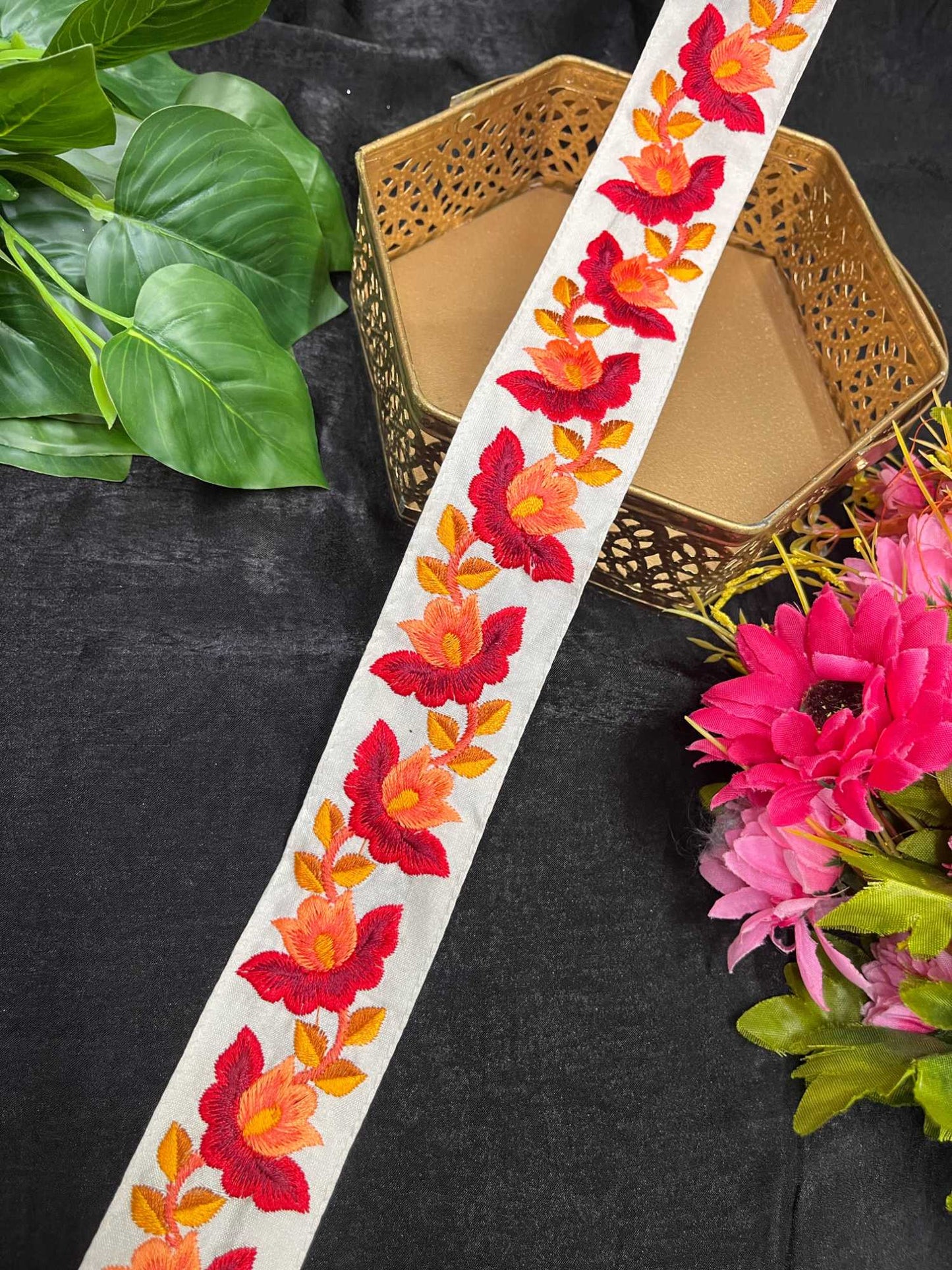 Floral Embroidered Trim | Thread Embroidery Parsi Lace – 9 Meters, 2-Inch Decorative Border for Sarees, Lehengas & Dupattas | White & Red