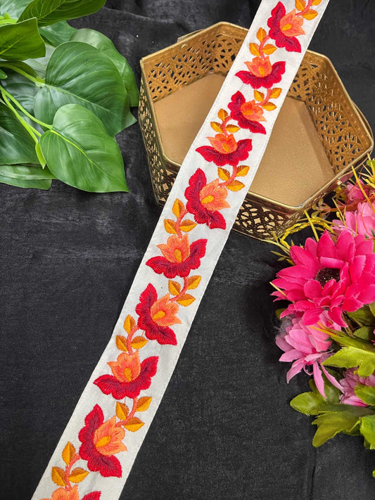 Floral Embroidered Trim | Thread Embroidery Parsi Lace – 9 Meters, 2-Inch Decorative Border for Sarees, Lehengas & Dupattas | White & Red