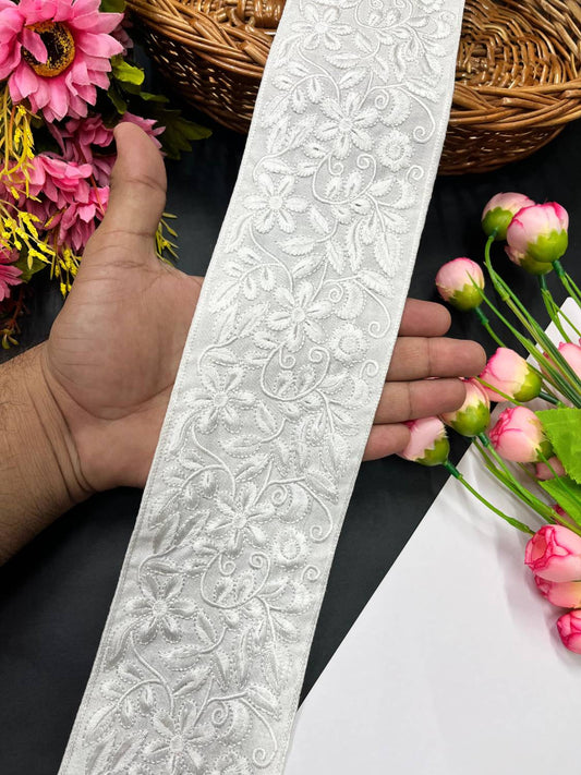 Cotton Threads Embroidered Lace Trim – Elegant Thread Work Border for Sarees, Lehengas & Dupattas (9 Meter, 4 Inch Width) | White