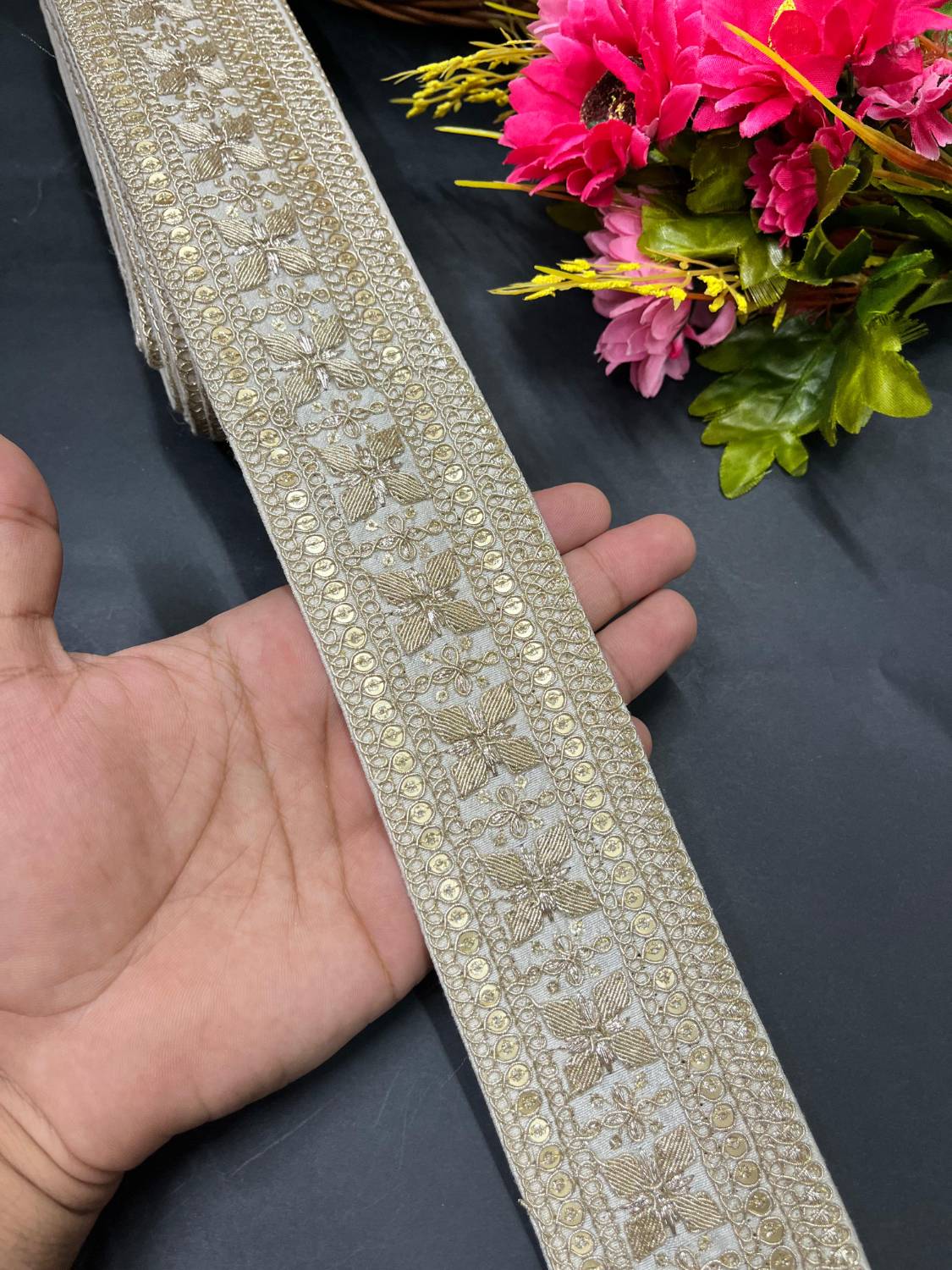 Zari Embroidered Saree Lace Border Trim for Dupatta & Dresses – Fancy Embellished Lace (9 Meter) | White