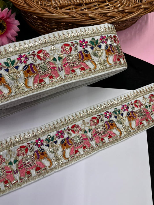 Beautiful Elephant Design Embroidered Zari Saree Lace – Premium Designer Embroidered Lace | White