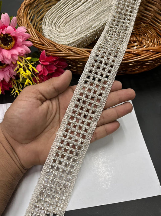 Diamond Cutwork Laces – Premium Gold Embroidery Borders for Sarees, Lehengas & Dupattas (9 Meter, 2 Inch Width) | White