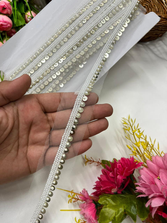 Sabyasachi Inspired Coin Lace for Sarees, Lehengas & Blouses – Designer Handmade Ethnic Lace Border (Half Inch) White