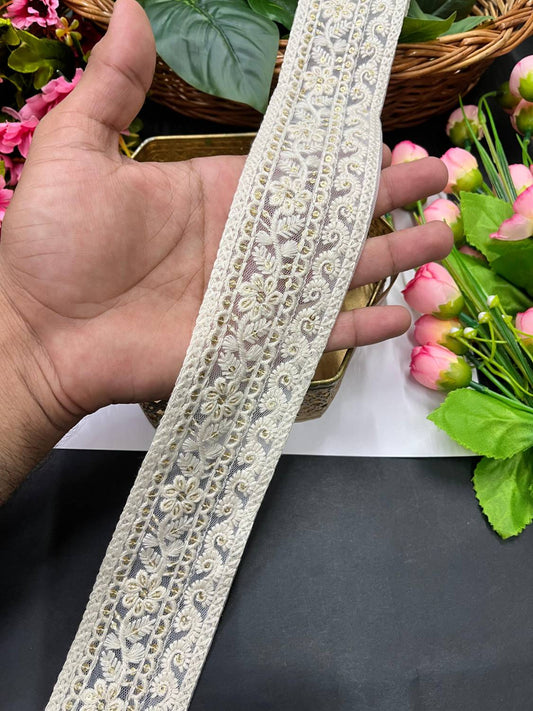 Dyble Cotton Lucknowi Chikankari Lace – Decorative Lace for Sarees, Dupattas, and Dresses (9 mtr, 2 inch) | White