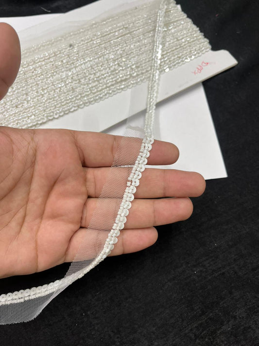 Handmade Sequins Lace Trim for Sarees, Blouses & Dresses – Narrow Handwork Embroidered Lace Border (1 cm) | White
