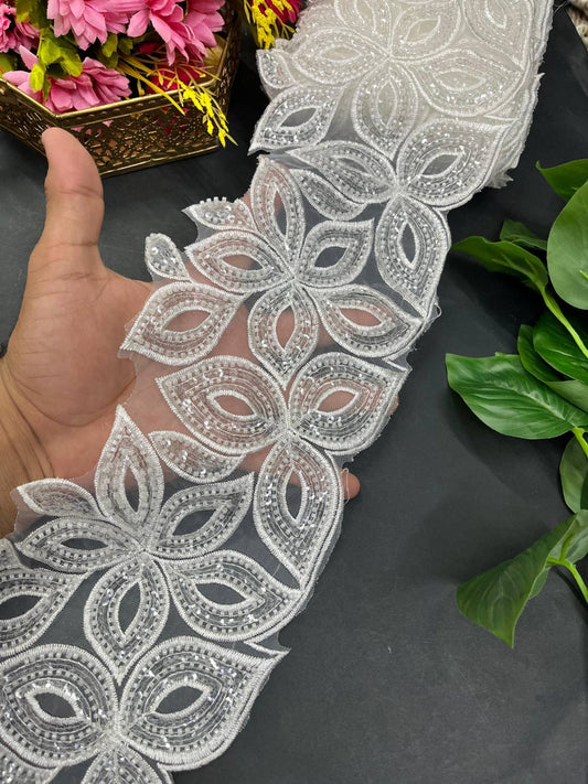 Black Beaded Imported Lace – Premium Designer Saree Laces for Ethnic & Western Wear (9 Meter) | White