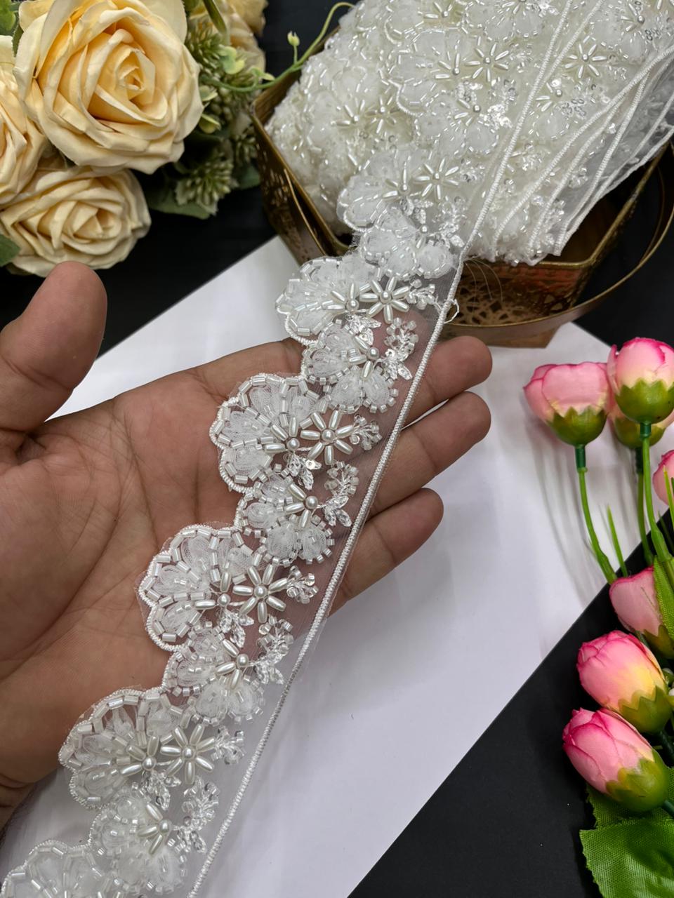 Luxurious Flower Design Imported Lace Trims – Premium 2.5 Inch Decorative Border for Sarees, Blouses & Ethnic Wear (9 Meter) | White