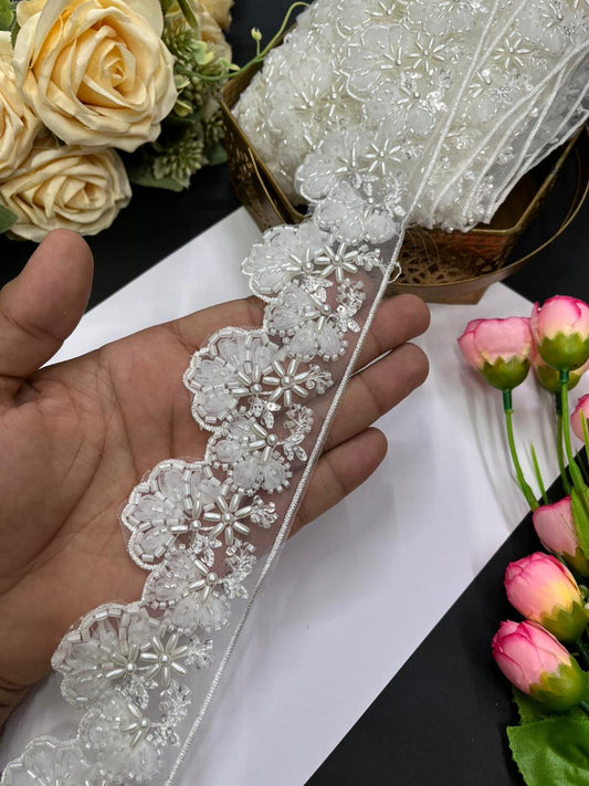 Luxurious Flower Design Imported Lace Trims – Premium 2.5 Inch Decorative Border for Sarees, Blouses & Ethnic Wear (9 Meter) | White