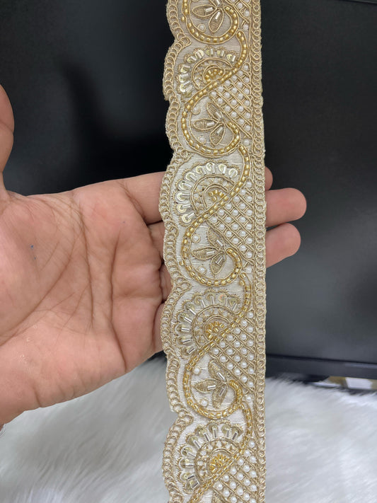 Vibrant Cutdana Beaded Embroidered Lace Border for Sarees and Dupatta – 9 Meters, 2-Inch Width | White