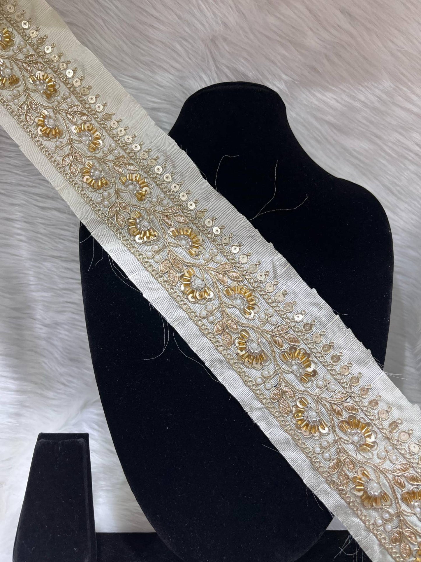 Exclusive Beaded Embroidered Lace – 9 Meters, 2-Inch Maggam Work Border Trim for Sarees & Lehengas | White