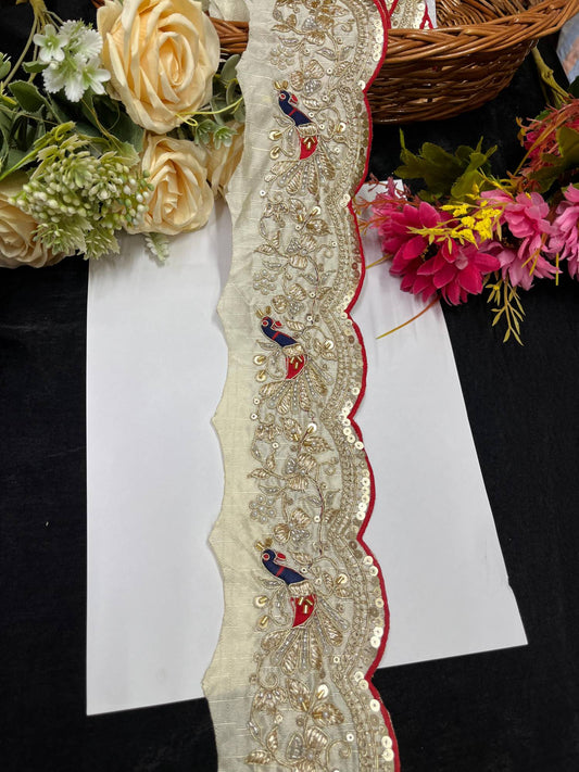 Exclusive Peacock Face Maggam Work Saree Laces – 9 Meters, 3-Inch Embroidered Border for Sarees, Lehengas & Dupattas | White