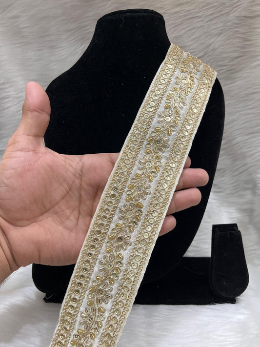 Maggam Work Lace for Saree and Dupatta | Katdana Handmade Lace – 9 Meters, 2-Inch Width | White