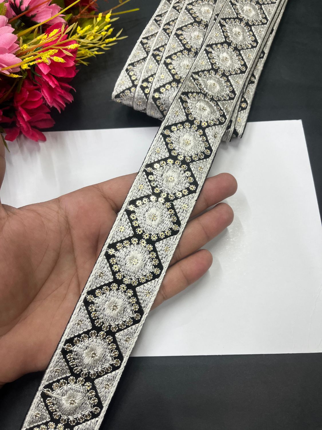 Exclusive Parsi Gara Work Lace & Border – Thread Embroidered Decorative Lace for Sarees, Dupattas, and Dresses (9 mtr, 1.75 inch) | White