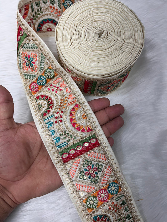 3 Inch Indian Saree Lace Border Embroidered Trim – Floral Decorative Ribbon for Art Quilts & Craft Projects (9 Meter) | White