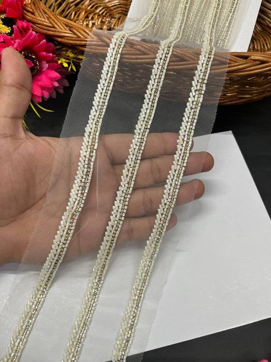 Zardosi & Cutdana Work Fancy Lace Border – Elegant Handcrafted Trim for Sarees, Lehengas & Designer Wear (9 Meter, 0.5 Inch Width) | White