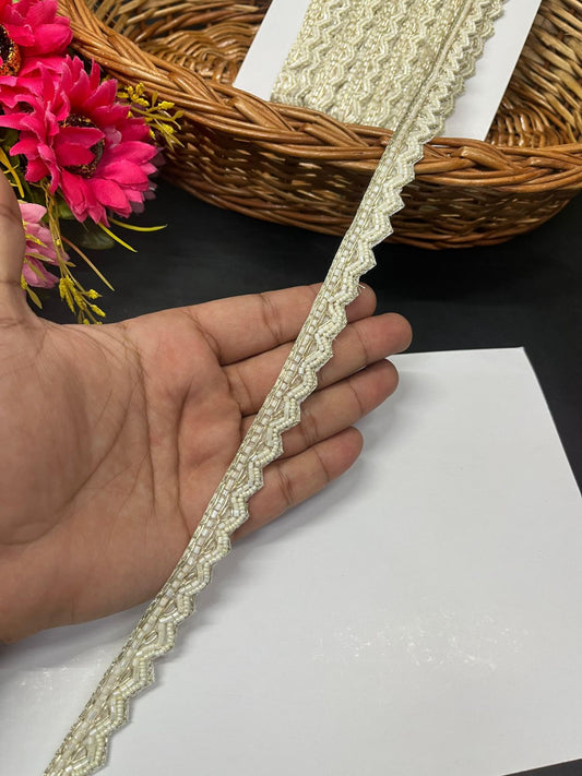 Cutdana Pipe Work with Pearl & Zardosi Work Handcrafted Lace – Handmade Decorative Lace for Sarees, Dupattas, and Dresses (9 mtr, 0.5 inch) | White