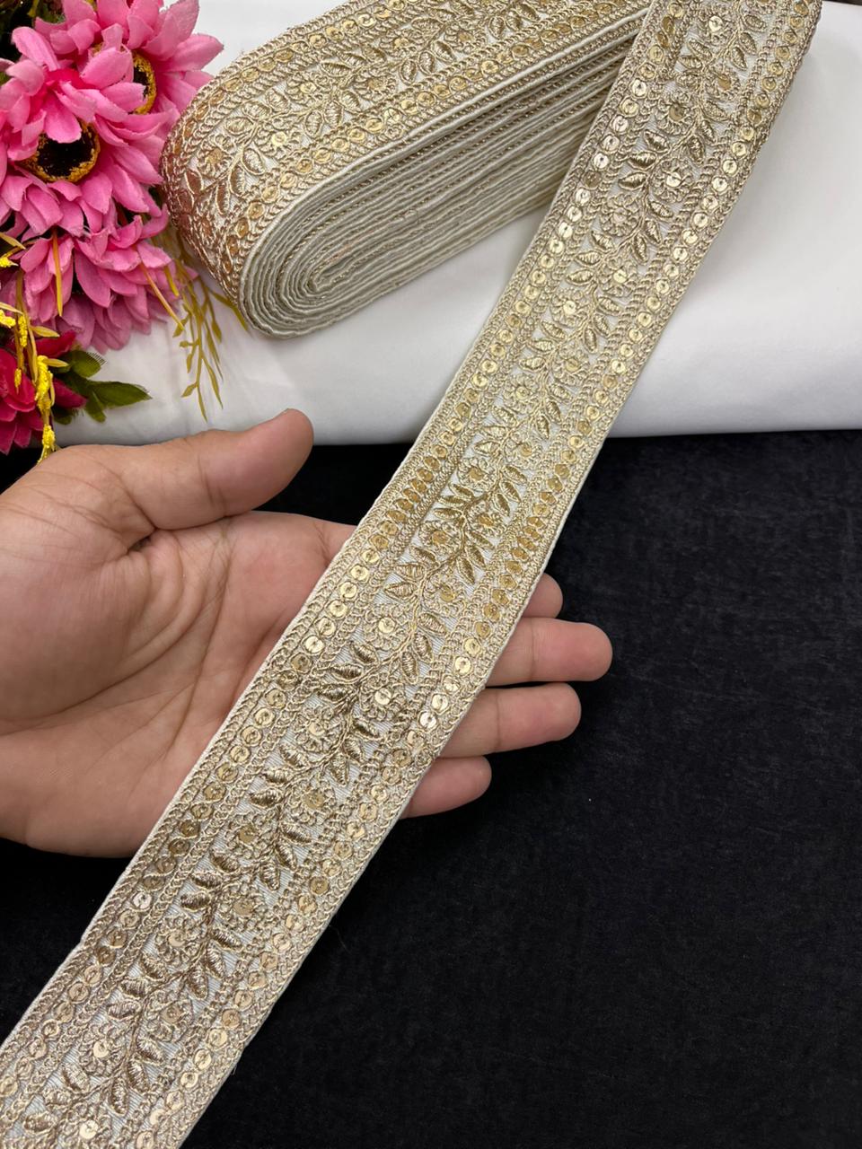 Leaf Style Embroidered Designer Lace Border for Sarees, Kurtis & Dresses – Elegant Ethnic Embroidery Lace (2 Inch) | White