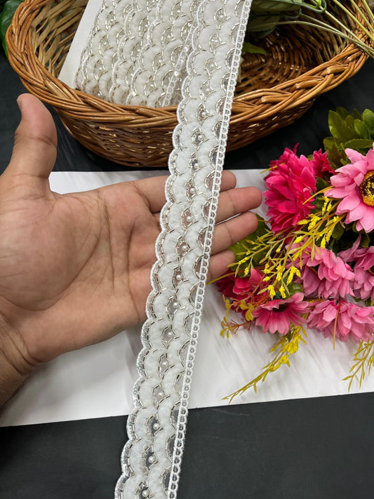 Beautiful Imported Lace with Delicate Pipe Work – 9 Meter | White