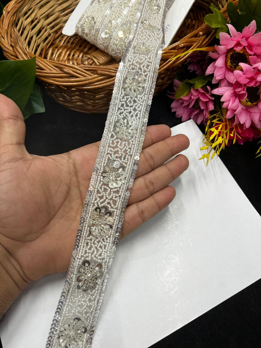 Handcrafted Katdana & Sequence Lace Trim for Sarees – Elegant Designer Border for Lehengas & Dupattas (9 Meter, 1.5 Inch Width) | White
