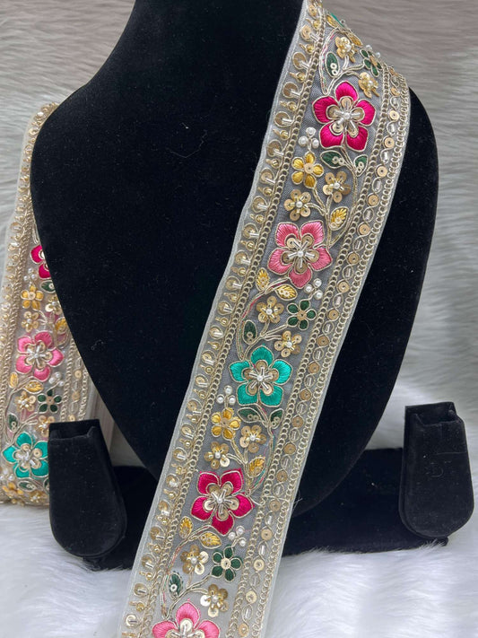 Embroidered Beaded Sequins Lace Borders on Net Fabric – 9 Meters, 2.5-Inch Maggam Work Trim for Sarees & Lehengas | White