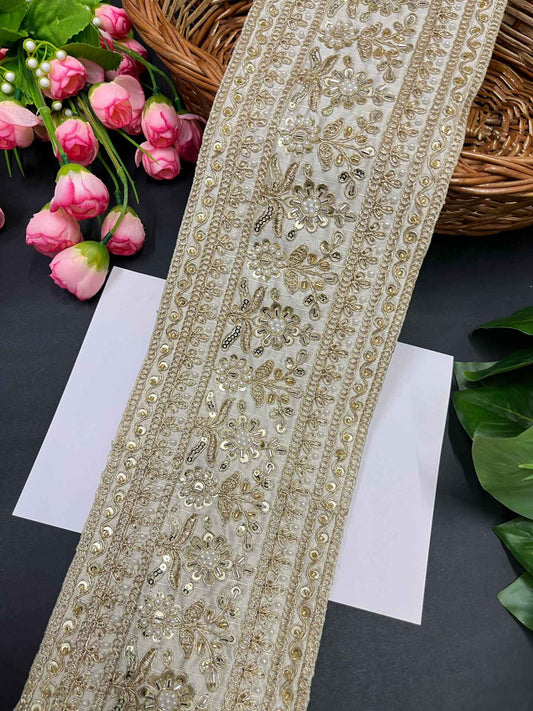 Handcrafted Exquisite Embroidered Cutdana Bridal Lehenga Border – 9 Meters, 5-Inch Maggam Work Lace | White