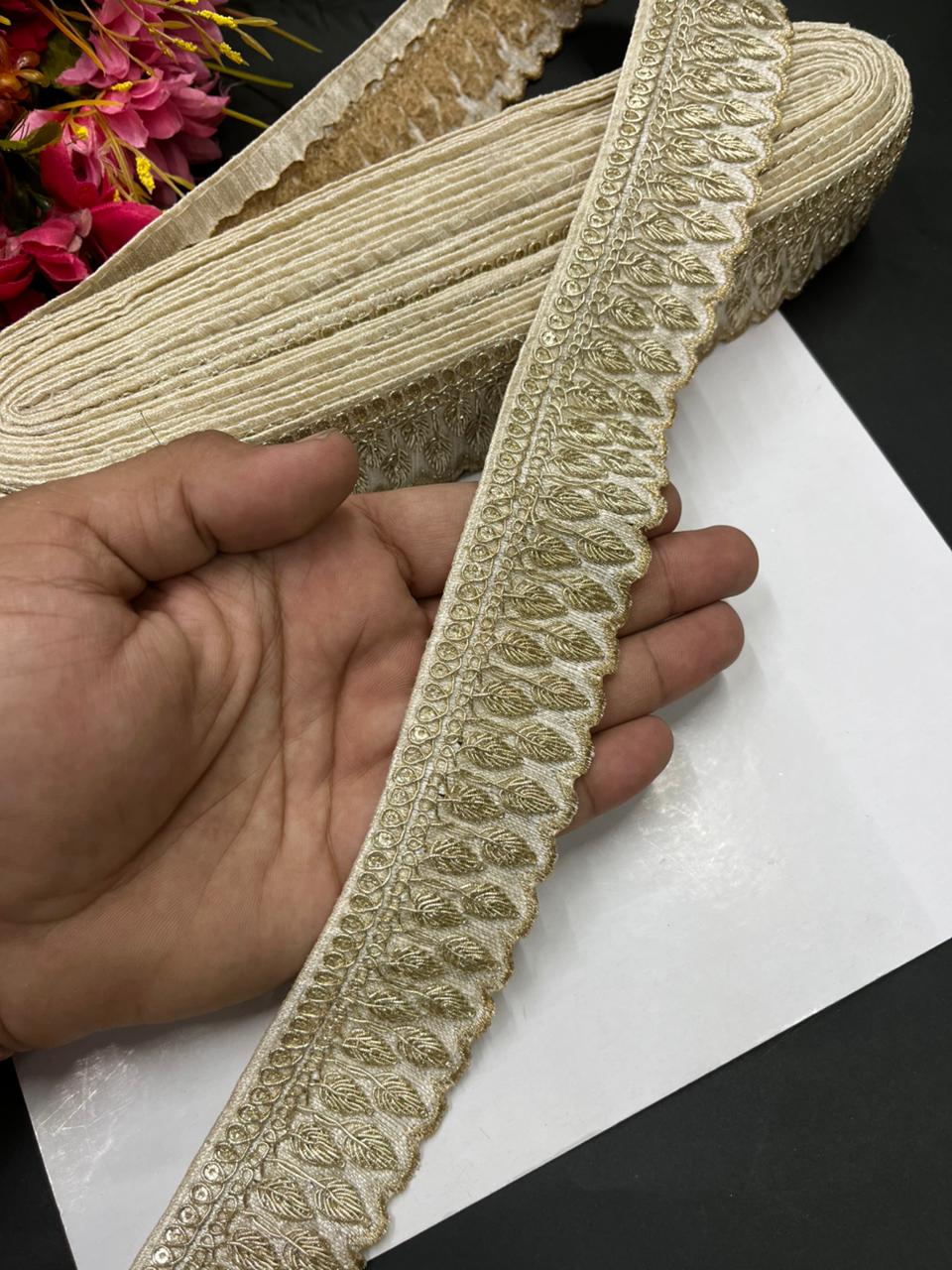 Zari Embroidered Saree Laces – Premium Designer Borders for Sarees, Lehengas & Dupattas (9 Meter, 1.5 Inch Width) | White