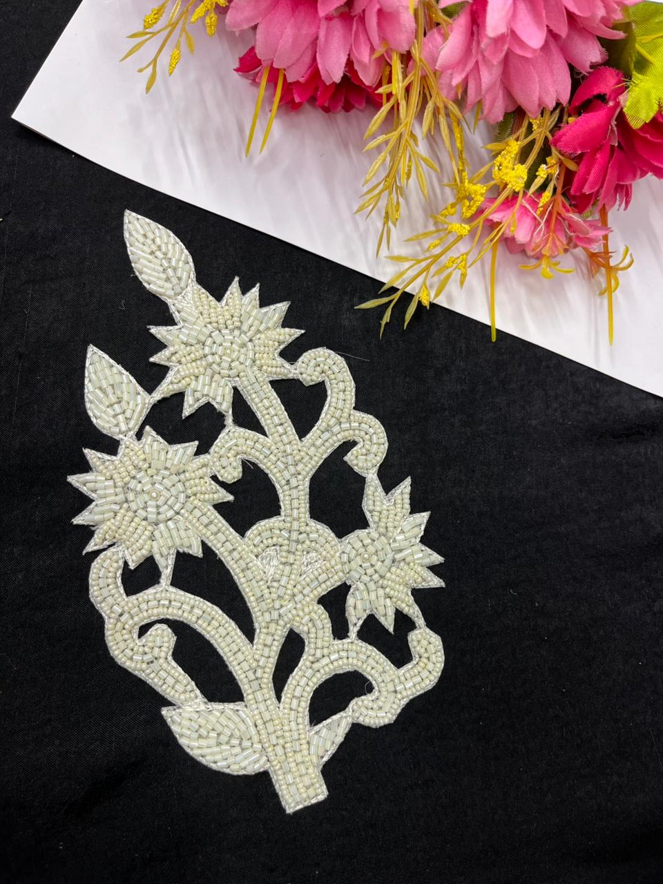 Handcrafted Beaded Cutwork Patch Gold Applique for Sarees, Blouses & Dresses – Designer Embroidered Applique Patch | White