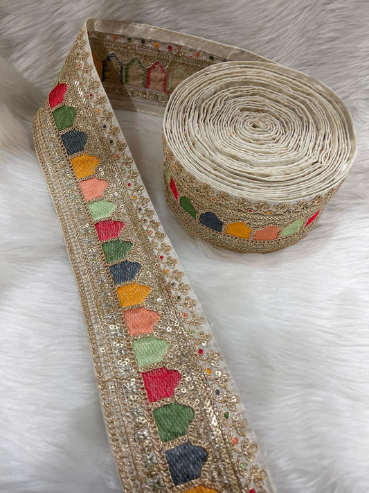 Sabyasachi Inspired Embroidery Lace Borders – 9 Meters, 3-Inch Width, Handcrafted Elegance | White