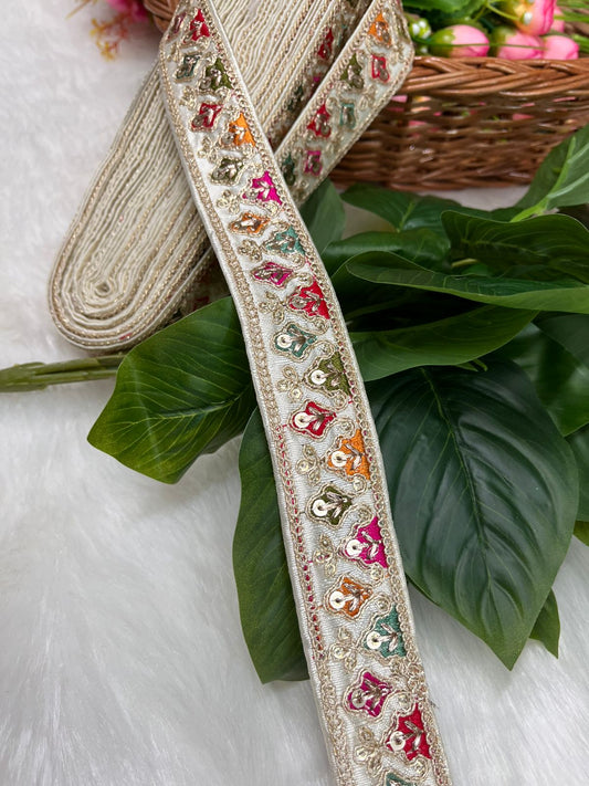 Sabyasachi-Inspired Embroidered Designer Lace Border – 9 Meter Roll, 1 Inch Wide for Ethnic & Creative Projects | White