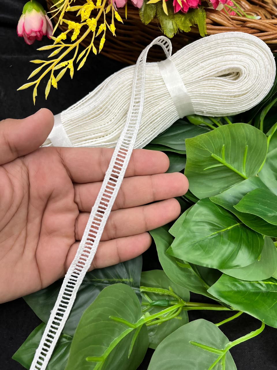 Dyeable Cotton Lace for Sarees, Dresses, Kurtis & Blouses – Imported Decorative Cotton Lace Trim (Half Inch) | DC1063 | White