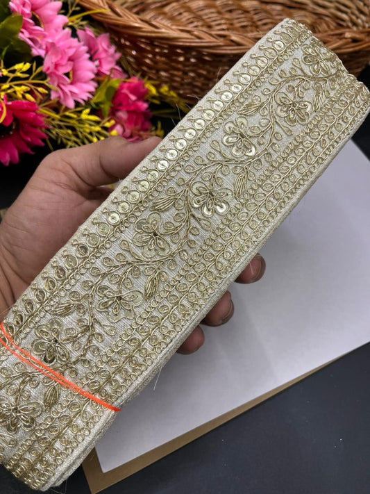 Embroidered Zari Lace Border for Saree, Lehenga & Craft Projects – Heavy 3 Inch Designer Embroidery Lace for Ethnic Wear (9 Meter) | White