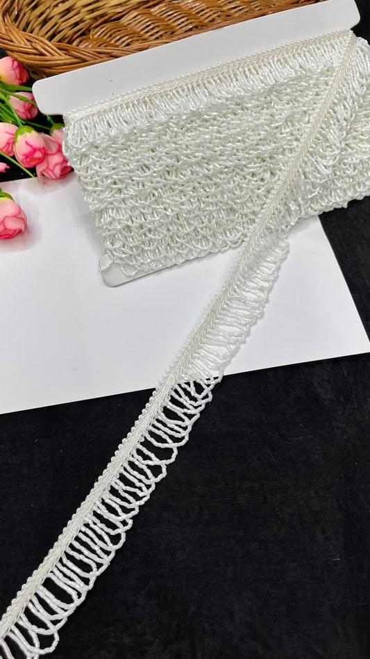 Handmade Cutdana Latkan Lace for Sarees, Lehengas, Dupattas & Blouses – Designer Handcrafted Cutdana Hanging Lace Border (1 Inch) | DC1067 | White