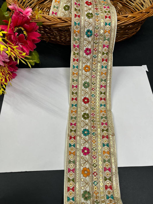 Sabyasachi Inspired Embroidery Lace for Sarees & Dupattas – 3 Inch Wide Lace Border (9 Meter) | White