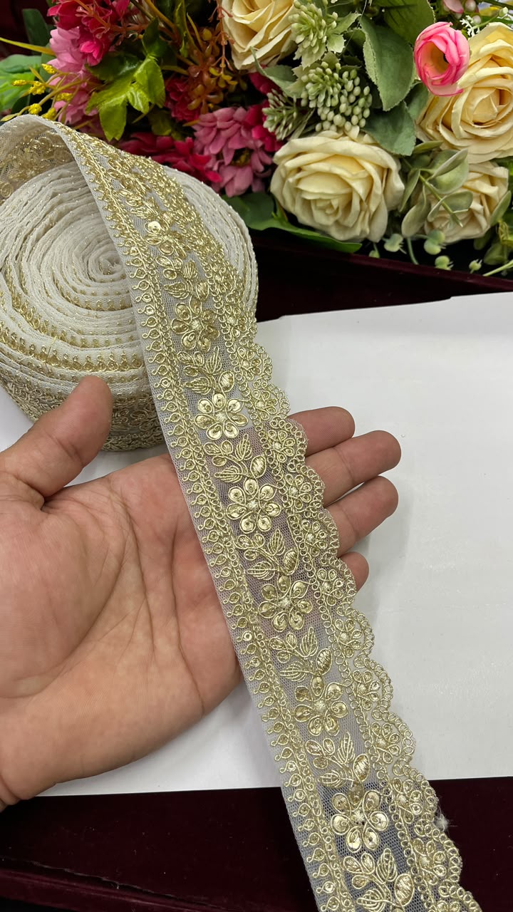 Golden Sequin Work Embroidered Saree Lace for Sarees, Lehengas, Dupattas & Blouses – Designer Gold Embroidery Lace Border (2 Inch) | DC1073 | White