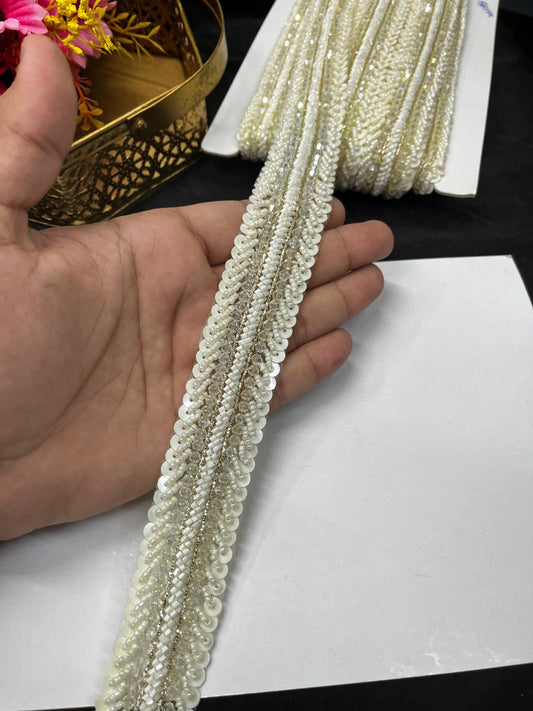 Handmade Beaded Lace Trims – Elegant Designer Borders for Sarees, Lehengas & Dupattas (9 Meter, 1.5 Inch Width) | White