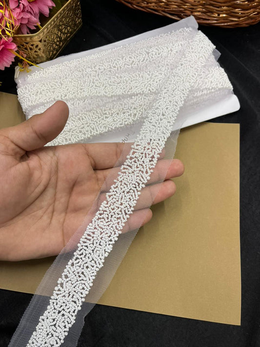 Exclusive Pearl Work Handcrafted Lace Trim for Sarees, Kurtis & Dresses – Designer Handmade Pearl Embroidery Lace Border | White