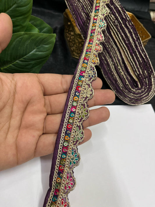 Multicolored Scalloped Sabyasachi Inspired Embroidered Lace – 9 Meters, 1-Inch Designer Trim for Sarees, Lehengas & Dupattas | Wine