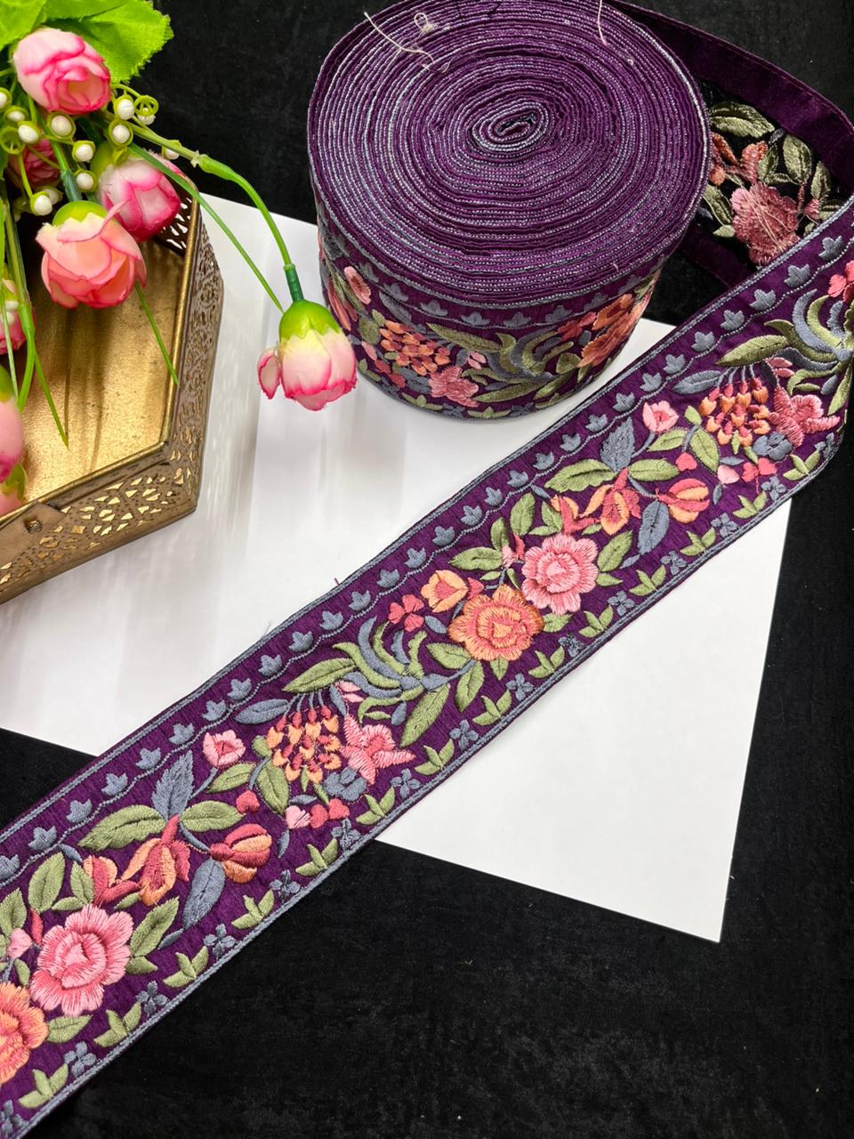 Thread Embroidery Flower Indian Lace Trim for Sarees, Kurtis & Dresses – Designer Floral Embroidered Lace Border (3 Inch) | Wine