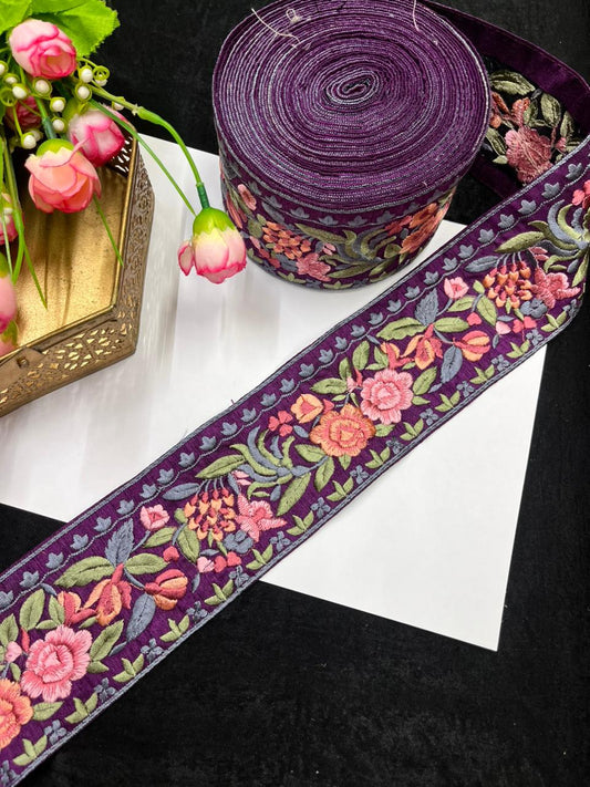 Thread Embroidery Flower Indian Lace Trim for Sarees, Kurtis & Dresses – Designer Floral Embroidered Lace Border (3 Inch) | Wine