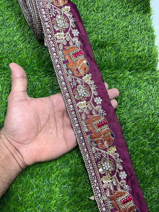 Elephant Handwork Cutdana & Pearl Embroidered Lace Border – 9 Meters, 3-Inch Maggam Work Trim for Sarees & Lehengas | Wine