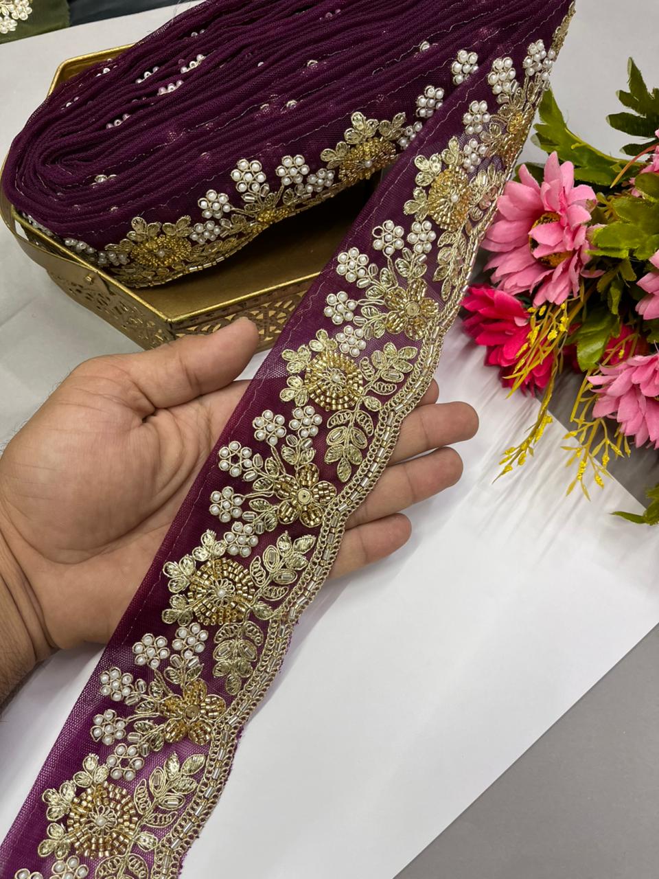 Luxurious Beaded Cutdana Bridal Dupatta Lace | Maggam Saree Laces – Designer Embellished Border (9 Meter, 2.5 Inch Width) | Wine