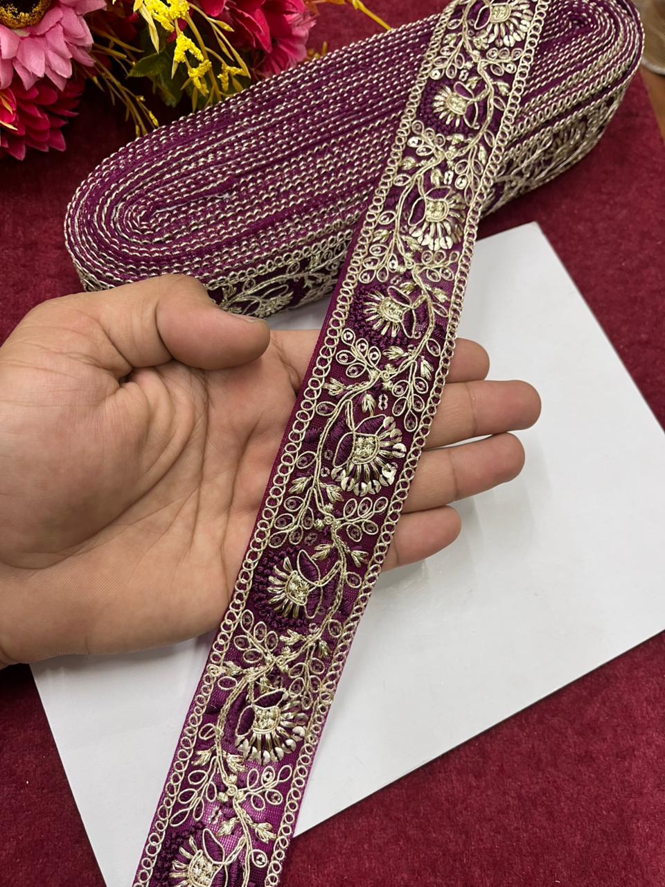 Sequins Work Zari Embroidered Laces – Premium Designer Borders for Sarees, Lehengas & Dupattas (9 Meter, 1.5 Inch Width) | Wine