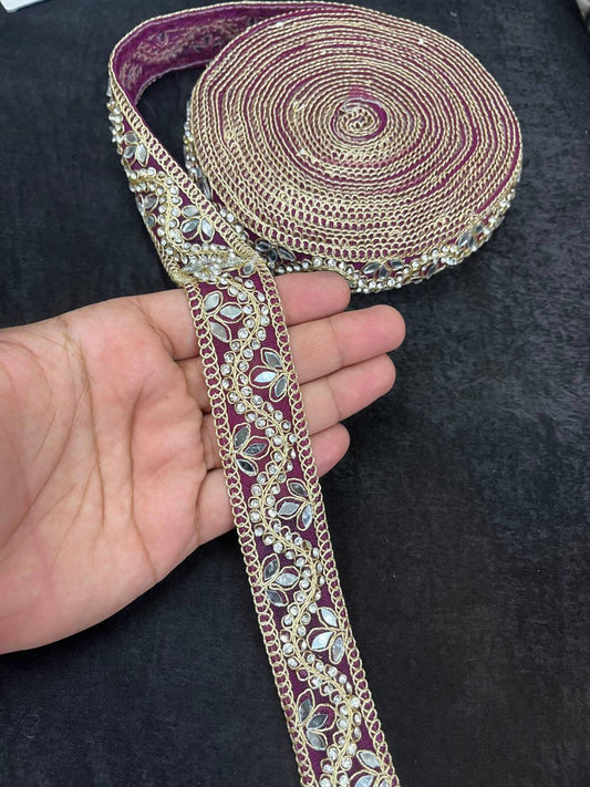 Designer Mirror Work Lace Trim with Rhinestones – Elegant Border for Sarees, Dupattas & Lehengas (9 Meter, 1 Inch Width) | Wine