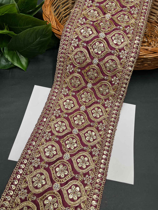 Katdana & Bead Work Embroidered Bridal Lehenga Lace Trim – 9 Meters, 5-Inch Heavy Border for Sarees & Wedding Outfits | Wine