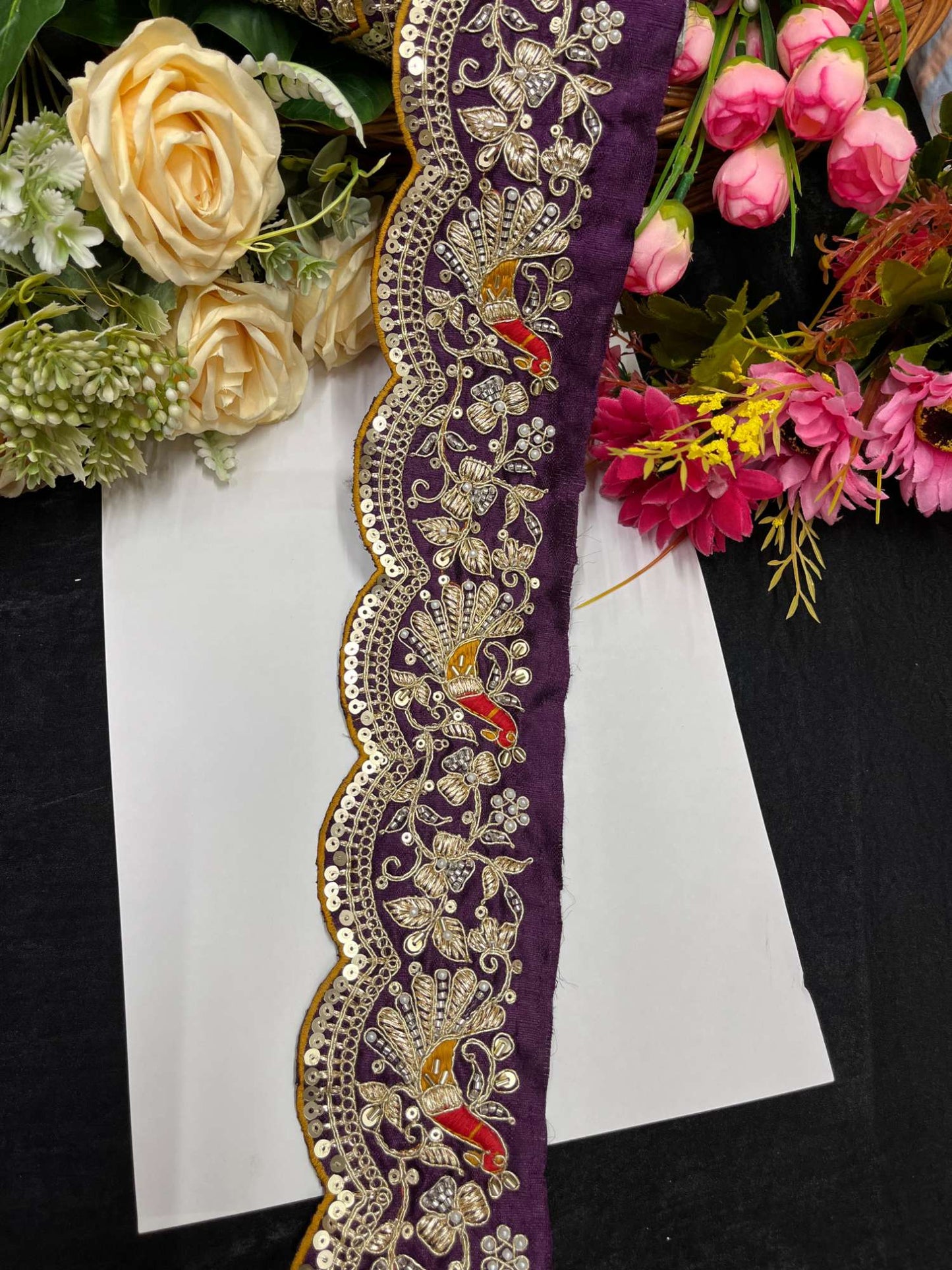 Exclusive Peacock Face Maggam Work Saree Laces – 9 Meters, 3-Inch Embroidered Border for Sarees, Lehengas & Dupattas | Wine