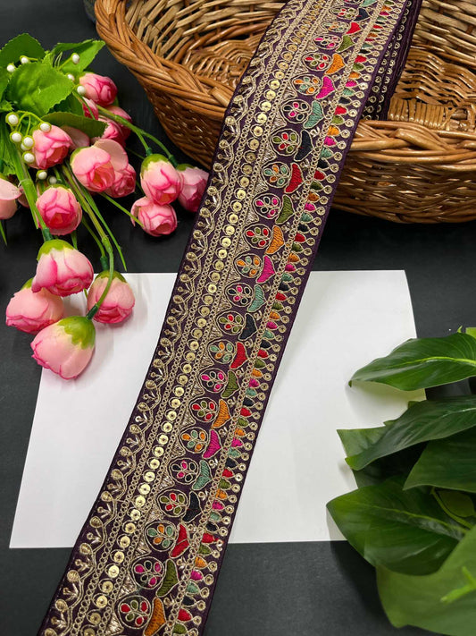 Exquisite Embroidered Lace Border – 9 Meters, 2.5-Inch Sabyasachi Inspired Designer Trim for Sarees & Lehengas | Wine