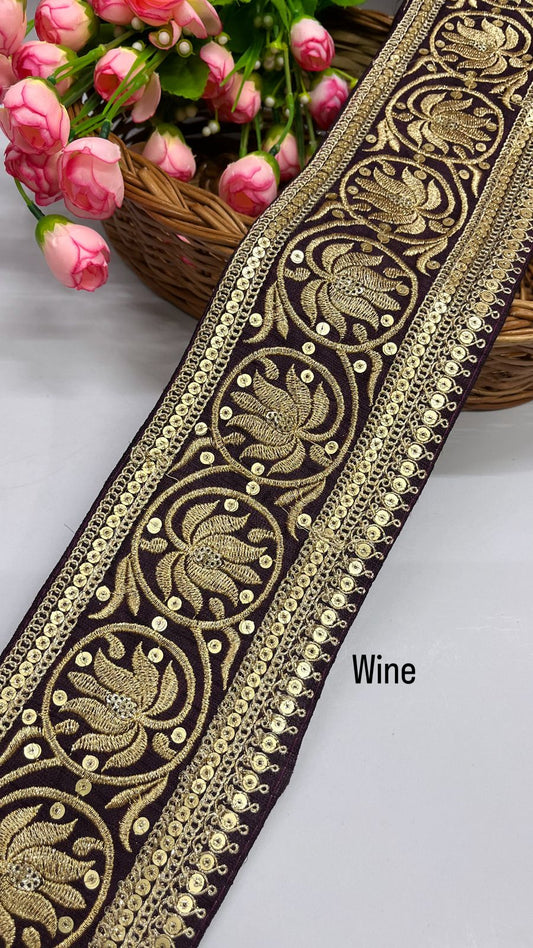 Embroidered Designer Lace Trim for Lehengas – 9 Meters, 4-Inch Width | Wine