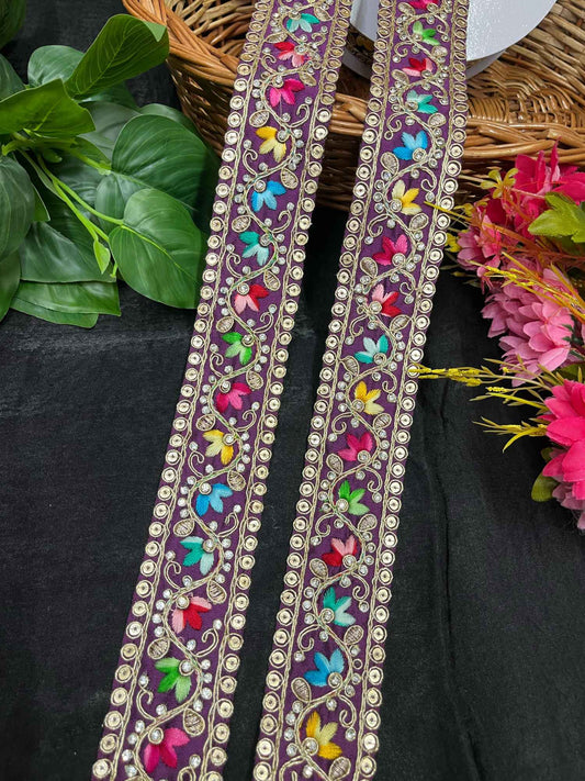Multicolored Stonework Embroidery Saree Lace Border – 9 Meters, 1.5-Inch Wide Decorative Trim for Lehengas & Dupattas | Wine